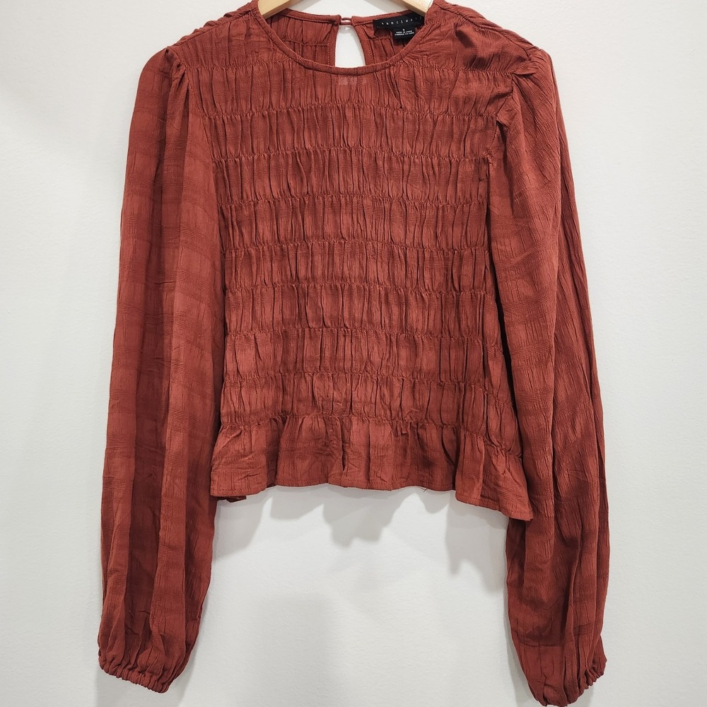Sanctuary Get Together Top Puff Sleeves Smocked Keyhole Women's Size Small Rust